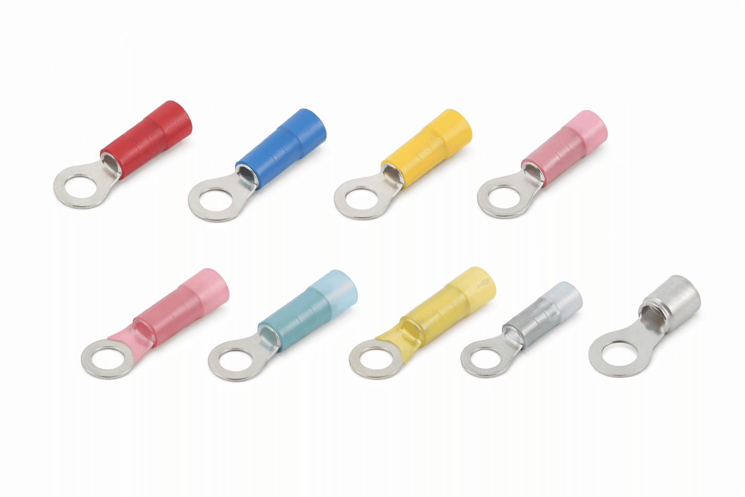 Ring Terminals Assorted insulated and non-insulated ring terminals in multiple colors and sizes on a white background