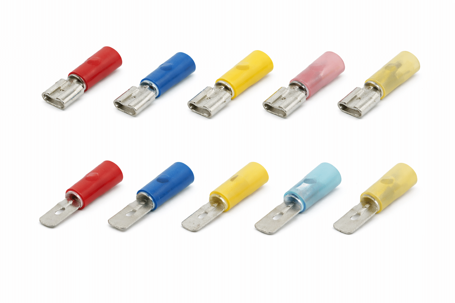 Disconnects Assorted electrical disconnect terminals including male and female insulated connectors in multiple colors and sizes