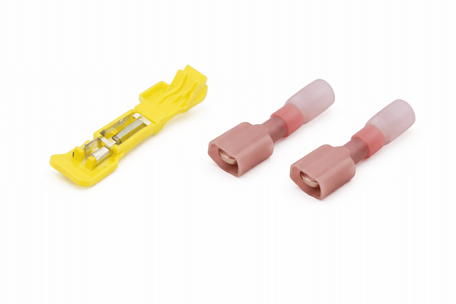 Splice & Tap connectors Yellow and red splice and tap connectors for quick electrical wire connections on white background.