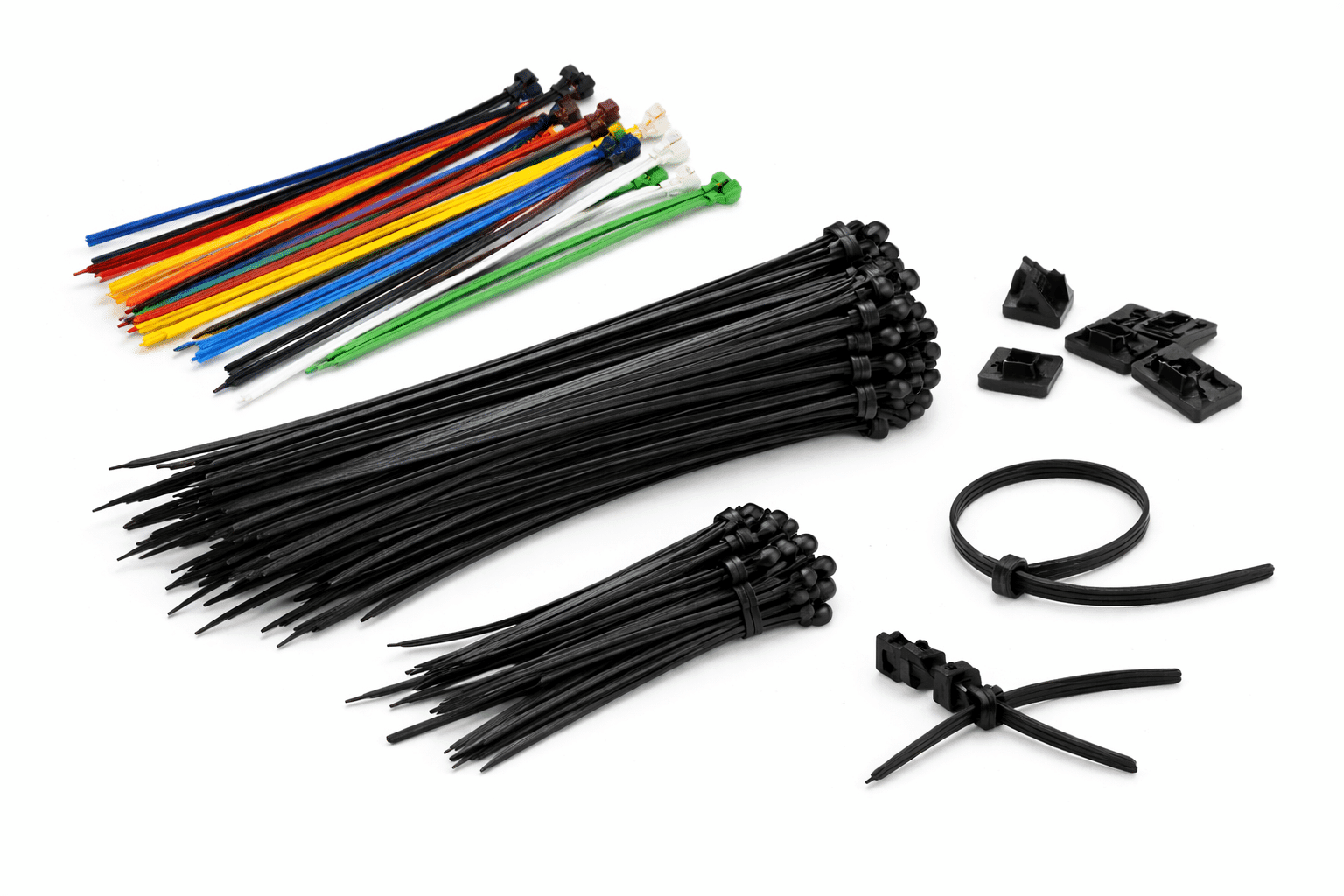 cable ties Assorted black and multi-color cable ties in various lengths displayed on white background