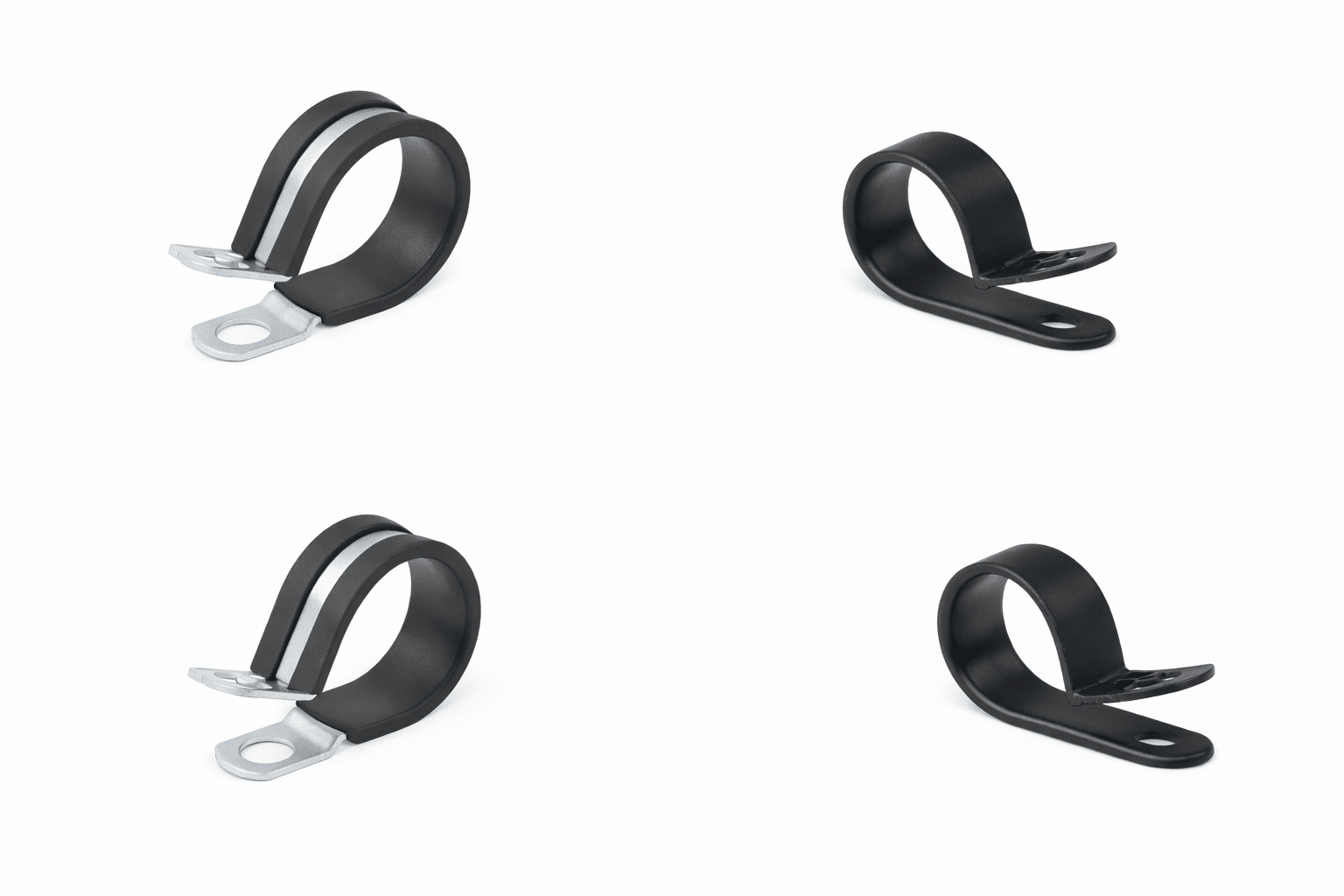 Clamps Black rubber-lined metal P-clamps for securing cables, hoses, and tubing on a white background