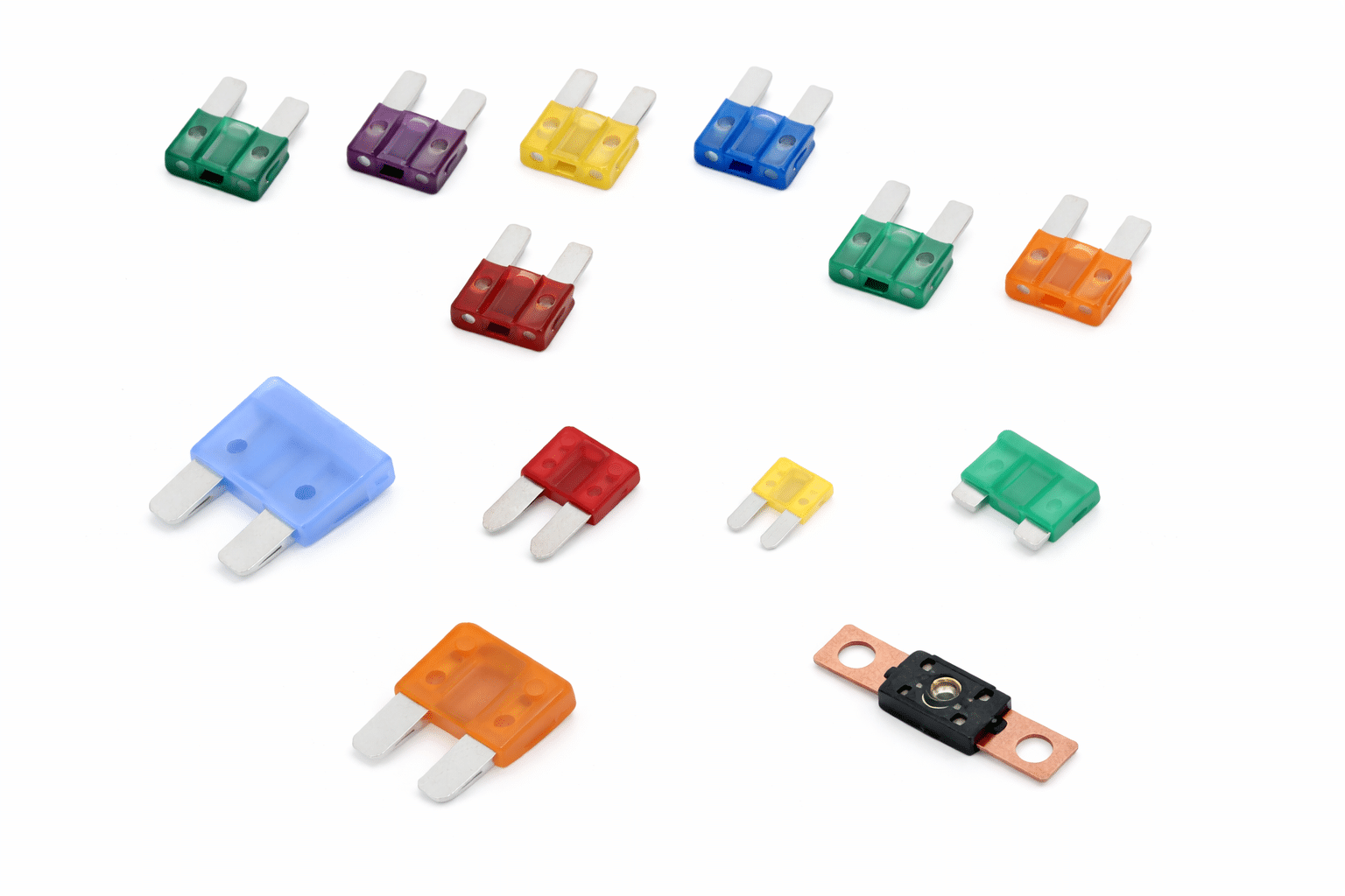 Fuses Assorted automotive blade fuses including ATC, mini, micro, low-profile, maxi, and AMG fuses on white background