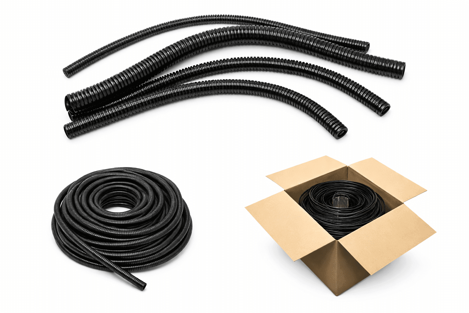 Wire Looms Black split wire loom tubing in straight sections, coiled roll, and boxed spool for automotive wire protection