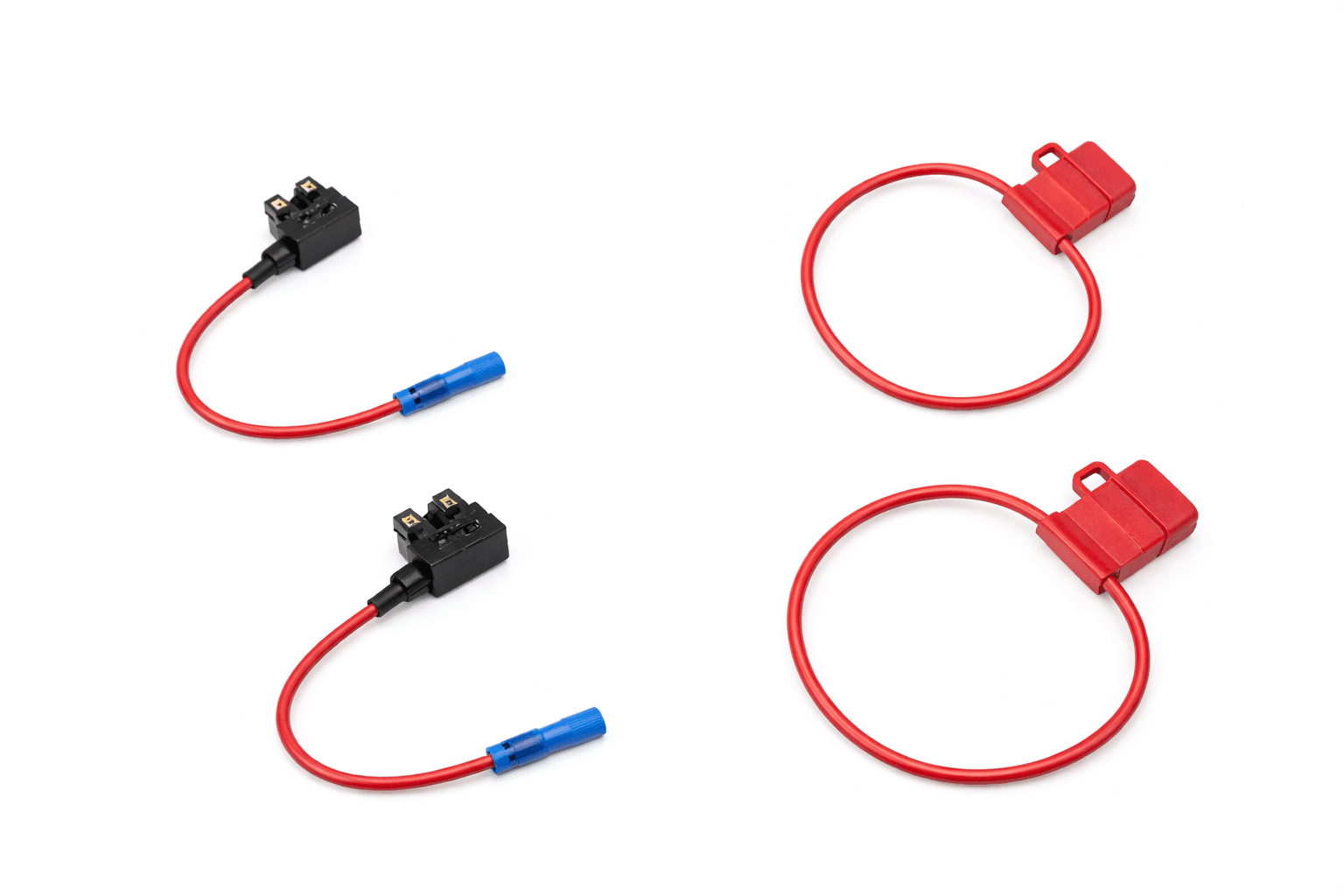 Fuse Taps & Holders Automotive fuse taps and inline fuse holders with red wiring on white background