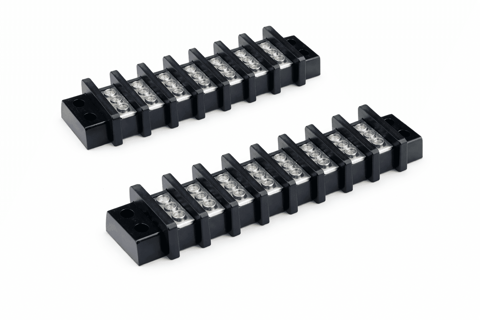 Terminal Blocks Black 12-position terminal blocks with metal screw terminals on white background