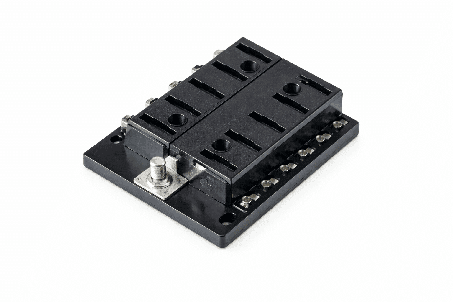 ATC Fuse Panels Black ATC fuse panel with multiple fuse slots and terminal connections on white background