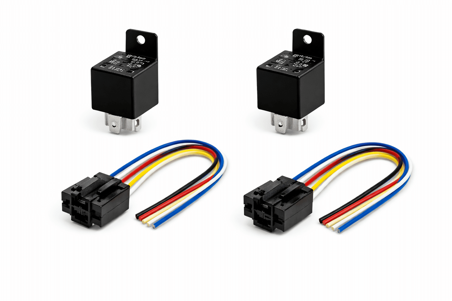 relays Automotive 12V 40A relays with 5-wire relay sockets and color-coded leads on white background