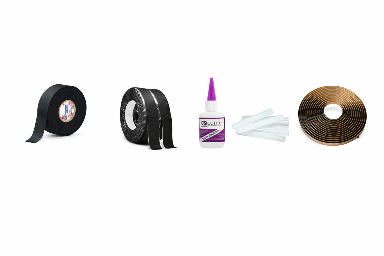 Adhesive Products Assorted adhesive products including black electrical tape, Velcro tape roll, super glue bottle with glue sticks, and butyl rubber tape on white background