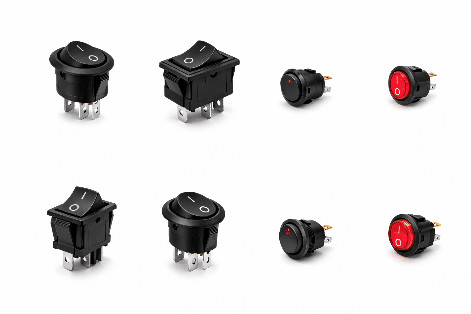 Rocker Switches Assortment of automotive rocker switches including rectangular and round styles on white background