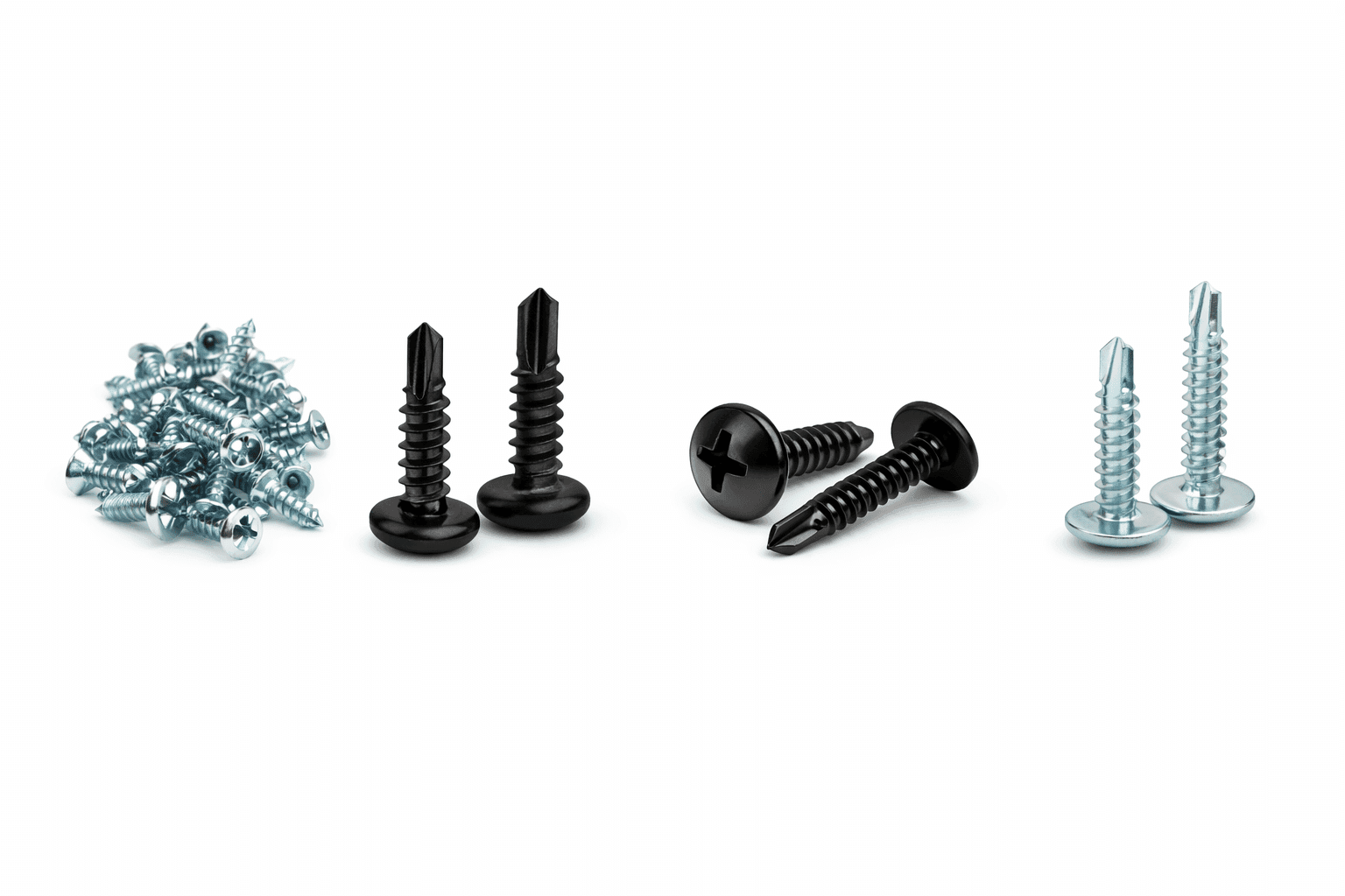 Hardware Fasteners Assortment of zinc-plated and black self-drilling Phillips pan head and truss head screws on white background