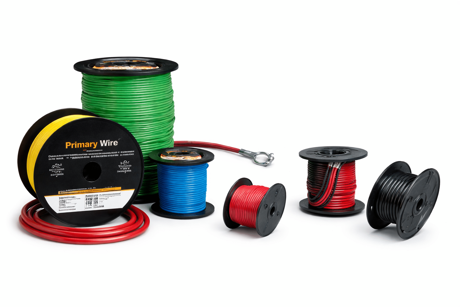 Automotive wires Automotive wire spools including GPT primary wire, parallel wire, and battery cable in multiple colors and gauges on white background.